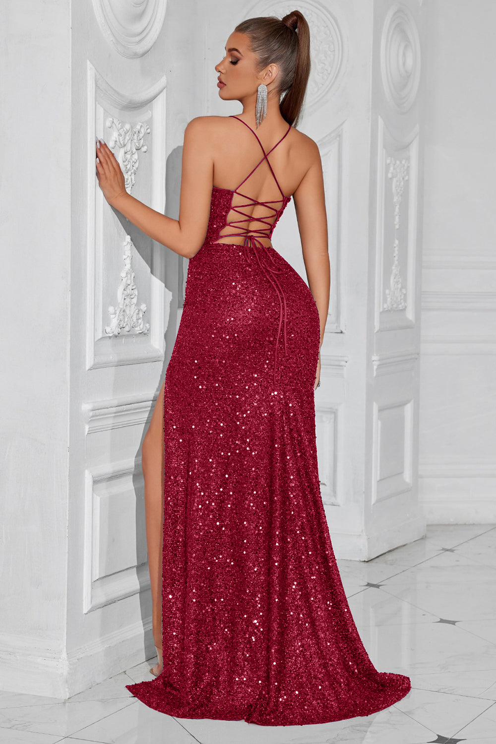 Sparkly Golden Sequin Mermaid Long Prom Dress with Slit
