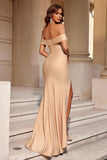 Burgundy Satin Mermaid Off The Shoulder Long Prom Dress with Slit