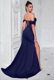 Blush Off The Shoulder Satin Sheath Long Corset Prom Dress with Slit