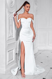 Blush Off The Shoulder Satin Sheath Long Corset Prom Dress with Slit