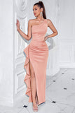 Black One Shoulder Satin Mermaid Long Prom Dress with Ruffles