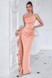 Black One Shoulder Satin Mermaid Long Prom Dress with Ruffles
