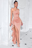 Black One Shoulder Satin Mermaid Long Prom Dress with Ruffles