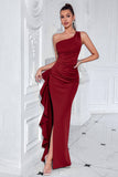 Black One Shoulder Satin Mermaid Long Prom Dress with Ruffles