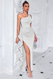 Black One Shoulder Satin Mermaid Long Prom Dress with Ruffles