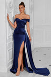 Mermaid Off the Shoulder Dark Green Ruched Slit Prom Dress
