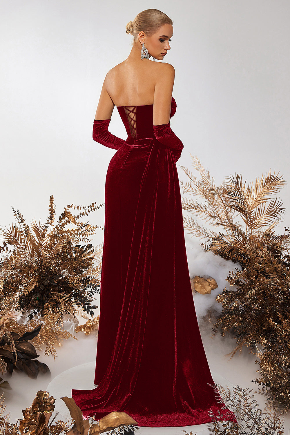 Black Bateau Sheath Corset Velvet Prom Dress with Slit