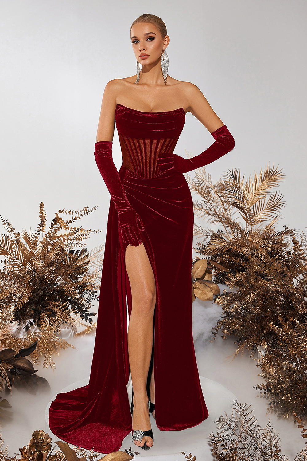 Black Bateau Sheath Corset Velvet Prom Dress with Slit