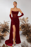 Black Bateau Sheath Corset Velvet Prom Dress with Slit