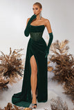 Black Bateau Sheath Corset Velvet Prom Dress with Slit