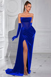 Black Bateau Sheath Corset Velvet Prom Dress with Slit
