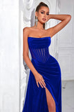 Black Bateau Sheath Corset Velvet Prom Dress with Slit