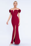 Blush Off the Shouder 3D Flower Sheath Prom Dress with Slit