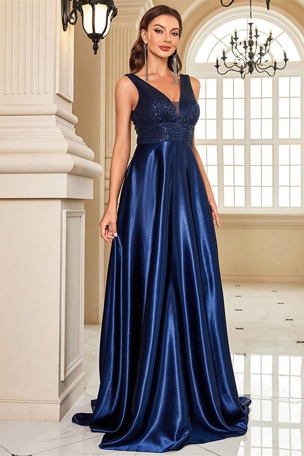 Navy V-Neck A Line Prom Dress with Pockets