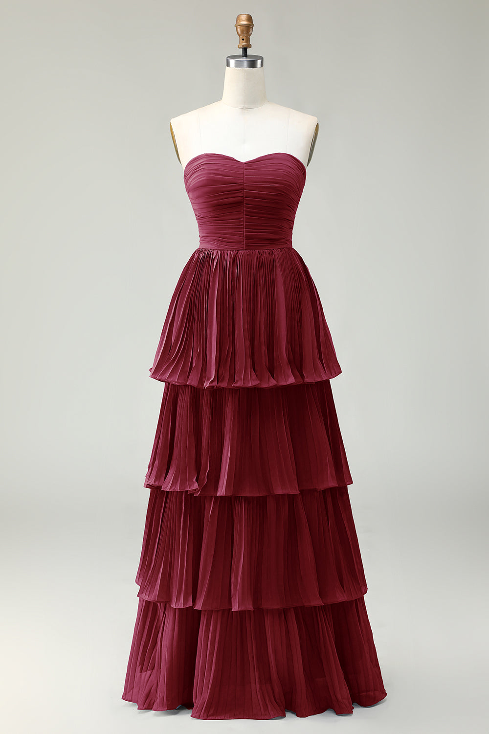 Strapless Dusty Blue A-Line Pleated Tiered Long Bridesmaid Dress