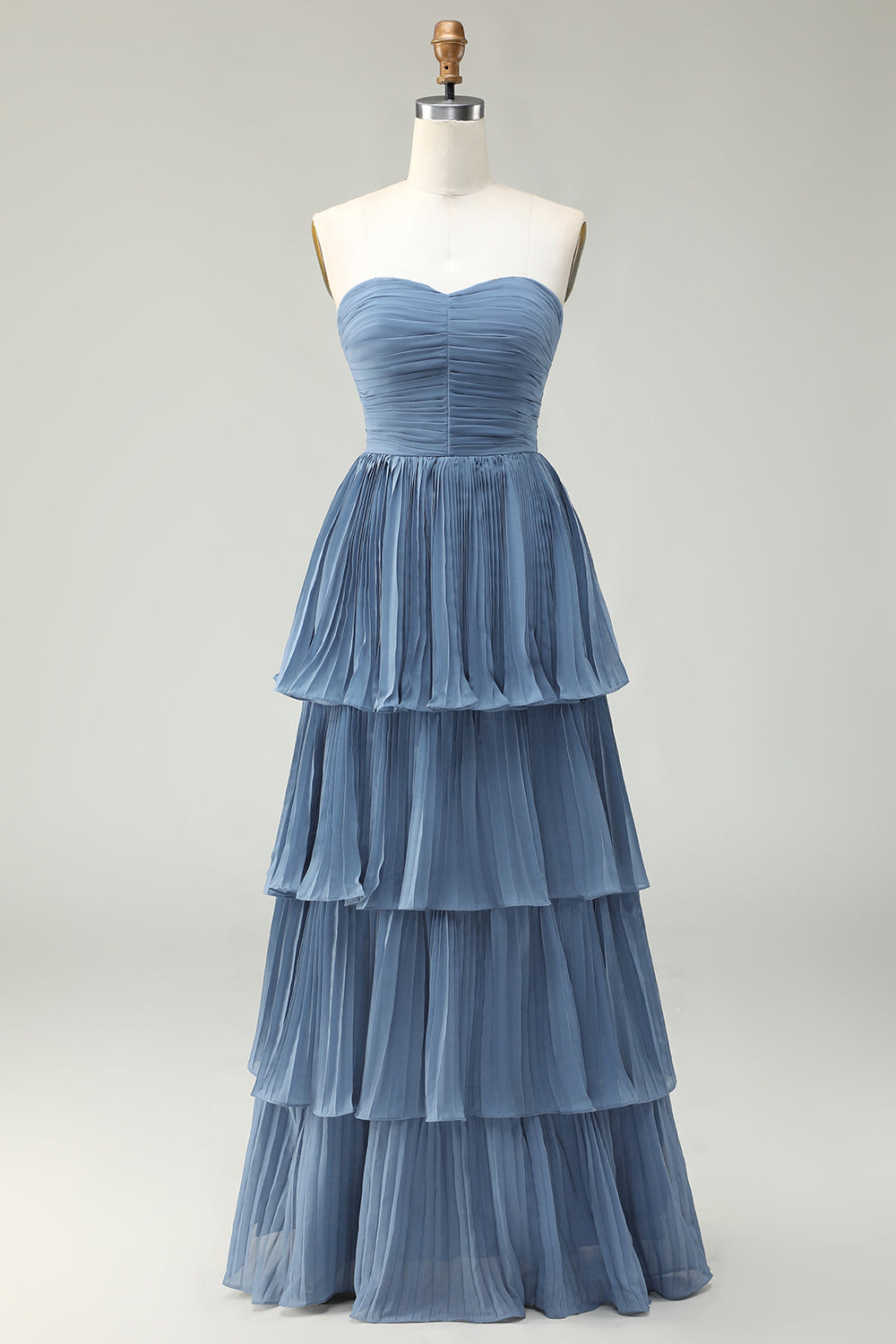 Strapless Dusty Blue A-Line Pleated Tiered Long Bridesmaid Dress