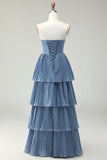 Strapless Dusty Blue A-Line Pleated Tiered Long Bridesmaid Dress