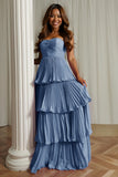 A-Line Strapless Blush Pink Pleated Tiered Bridesmaid Dress