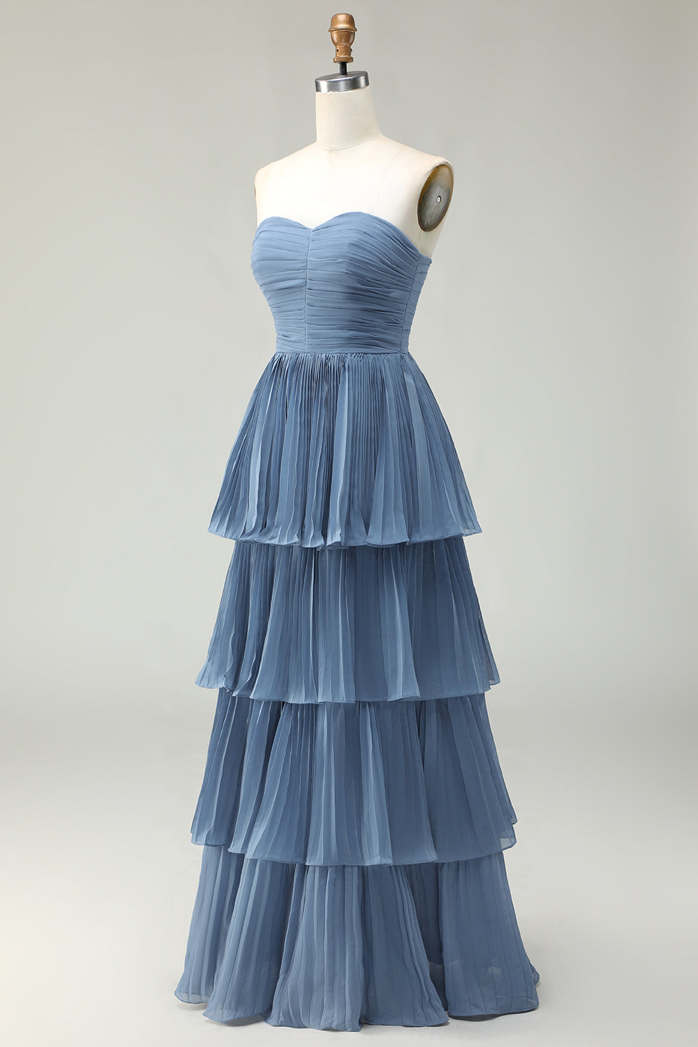 Strapless Dusty Blue A-Line Pleated Tiered Long Bridesmaid Dress