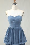 Strapless Dusty Blue A-Line Pleated Tiered Long Bridesmaid Dress