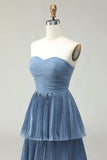 Strapless Dusty Blue A-Line Pleated Tiered Long Bridesmaid Dress