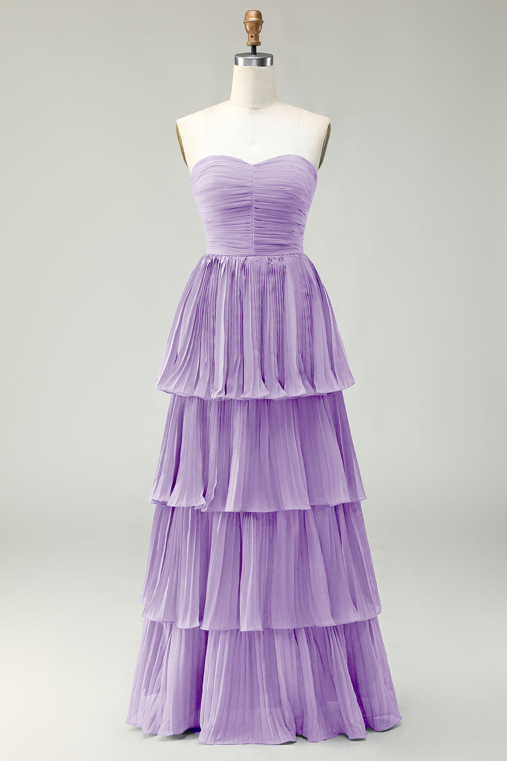 Strapless Dusty Blue A-Line Pleated Tiered Long Bridesmaid Dress