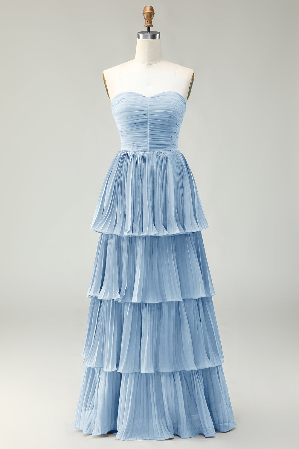 Strapless Dusty Blue A-Line Pleated Tiered Long Bridesmaid Dress