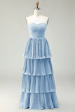 Strapless Dusty Blue A-Line Pleated Tiered Long Bridesmaid Dress