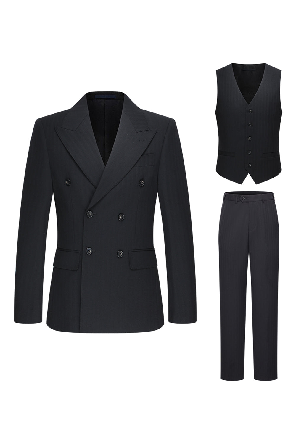 Black 3 Piece Peak Lapel Double Breasted Men's Business Suits