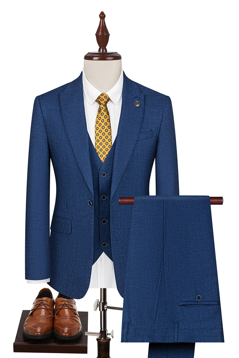 Peacock Blue Peak Lapel One Button 3 Piece Men's Suits