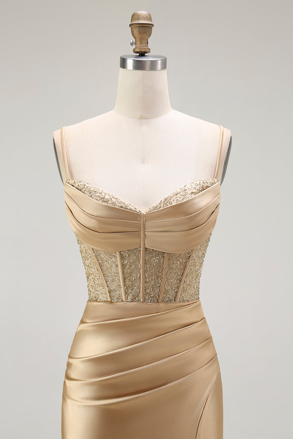Golden Mermaid Spaghetti Straps Corset Pleated Long Prom Dress with Slit