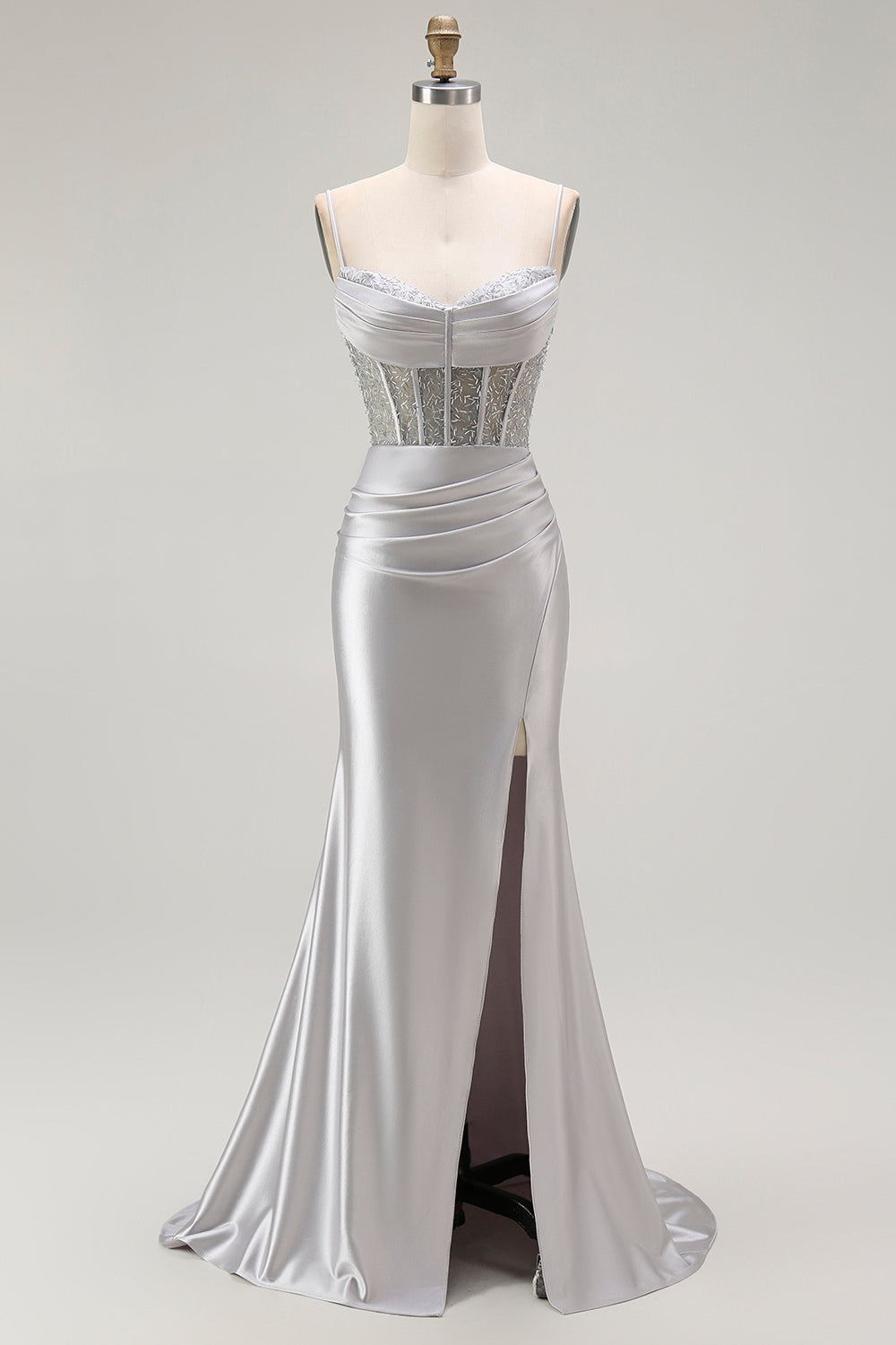 Golden Mermaid Spaghetti Straps Corset Pleated Long Prom Dress with Slit