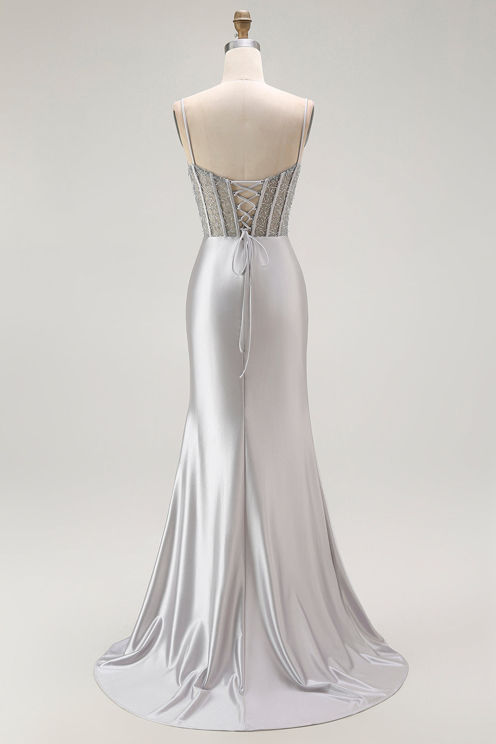 Golden Mermaid Spaghetti Straps Corset Pleated Long Prom Dress with Slit