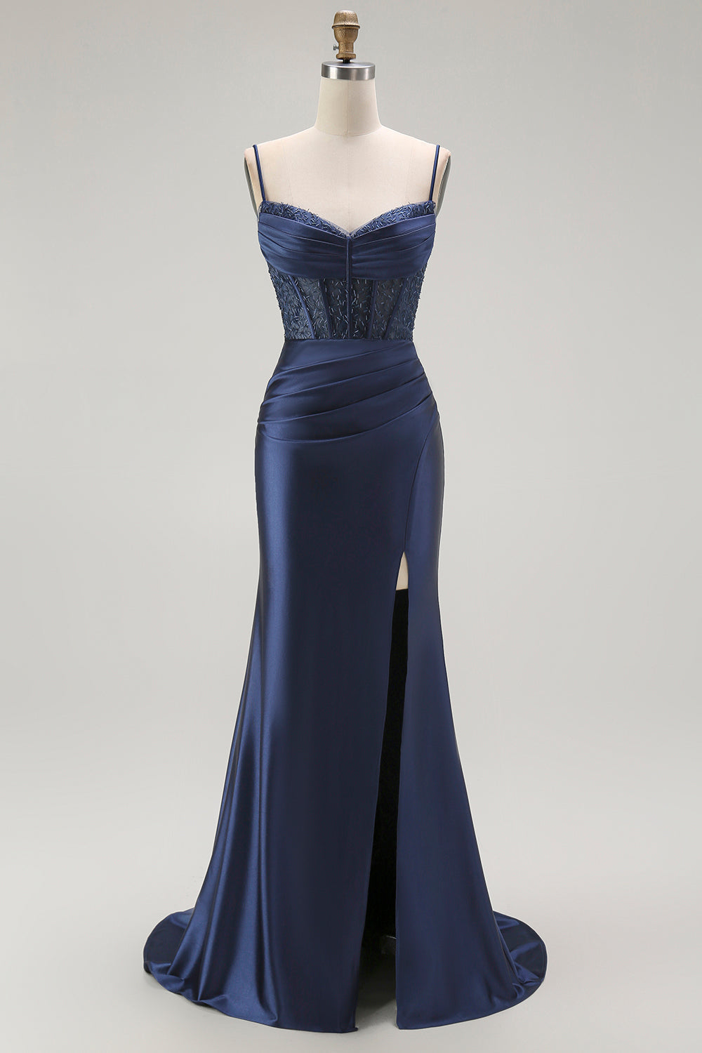 Golden Mermaid Spaghetti Straps Corset Pleated Long Prom Dress with Slit