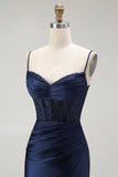 Golden Mermaid Spaghetti Straps Corset Pleated Long Prom Dress with Slit