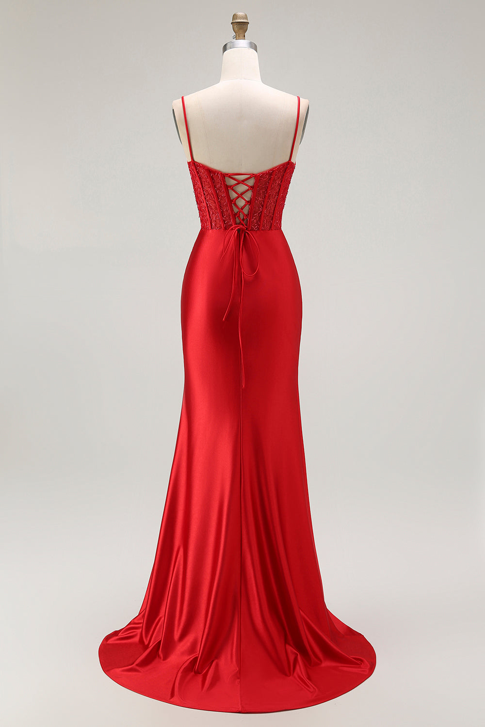 Red Mermaid Spaghetti Straps Corset Pleated Long Prom Dress with Slit