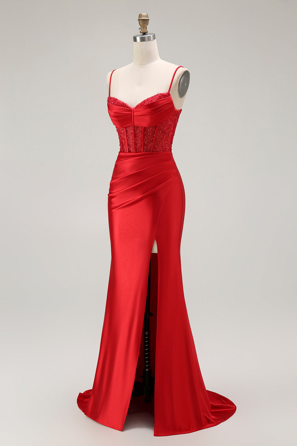 Golden Mermaid Spaghetti Straps Corset Pleated Long Prom Dress with Slit