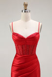 Golden Mermaid Spaghetti Straps Corset Pleated Long Prom Dress with Slit