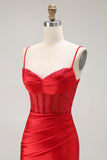 Golden Mermaid Spaghetti Straps Corset Pleated Long Prom Dress with Slit