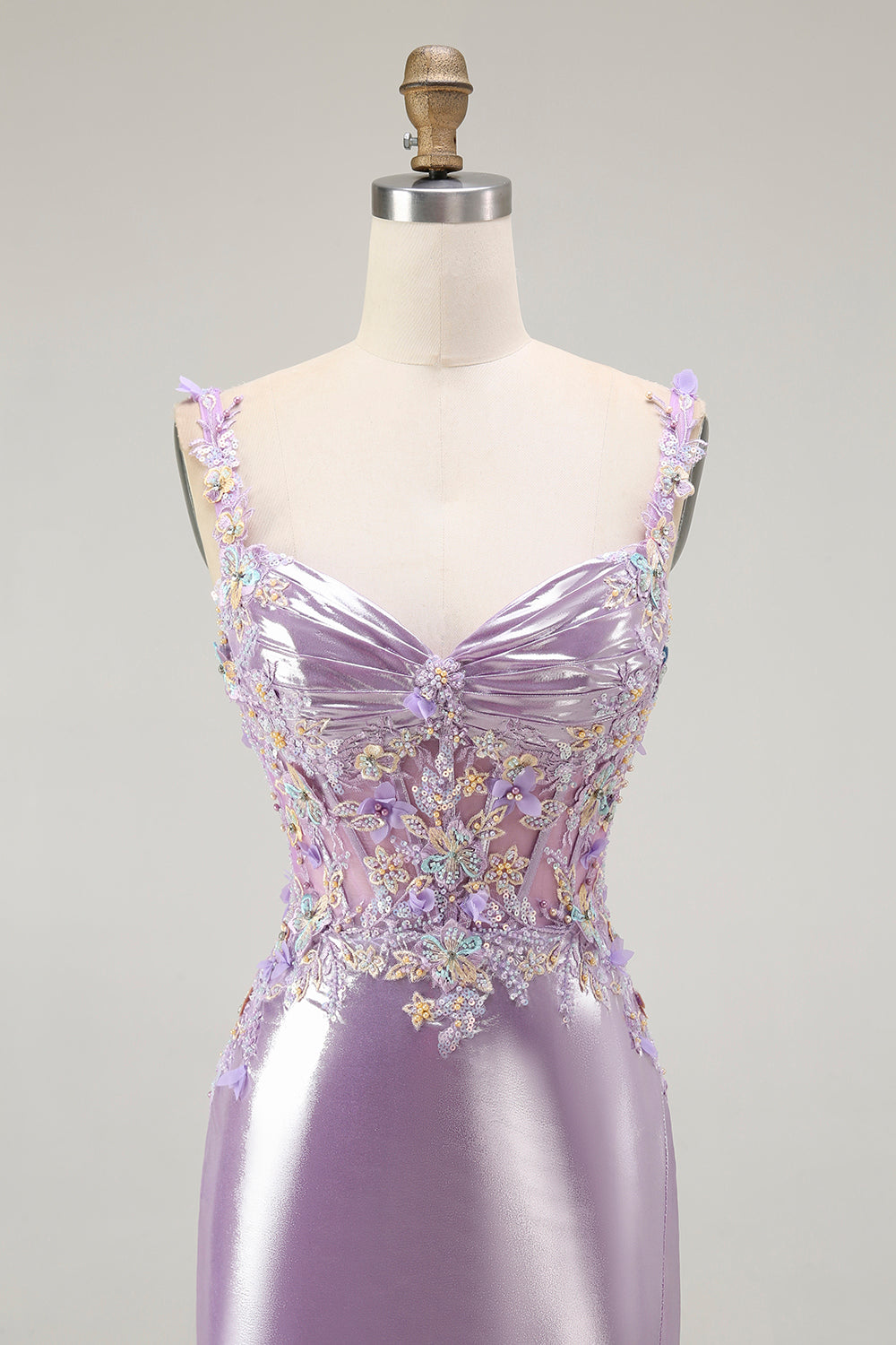 Lilac Mermaid Spaghetti Straps Appliqued Beaded Long Prom Dress with Slit