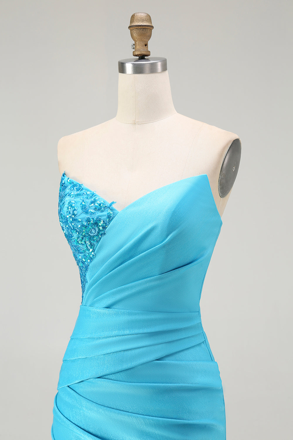 Sparkly Blue Strapless Mermaid Pleated Long Prom Dress with Slit