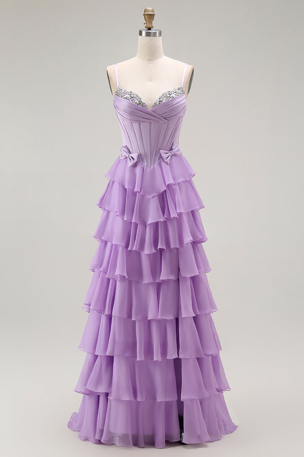 Purple A-Line Beaded Corset Tiered Ruffle Long Prom Dress with Lace Up Back
