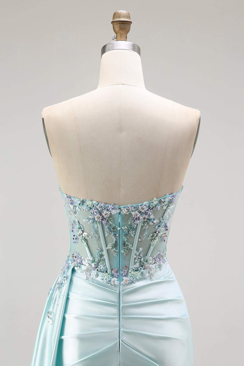 Light Green Mermaid Strapless Corset Beaded Long Prom Dress with Streamer