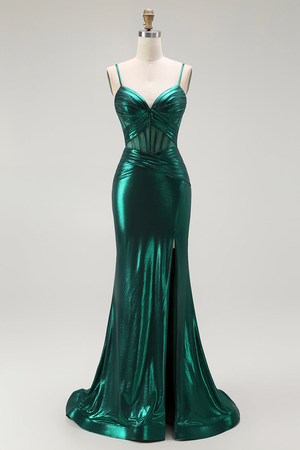 Dark Green Mermaid Metallic Pleated Corset Long Prom Dress with Slit