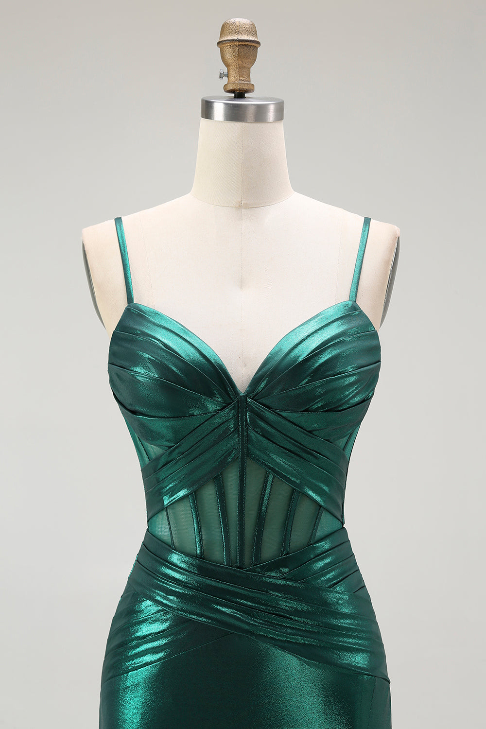 Dark Green Mermaid Metallic Pleated Corset Long Prom Dress with Slit