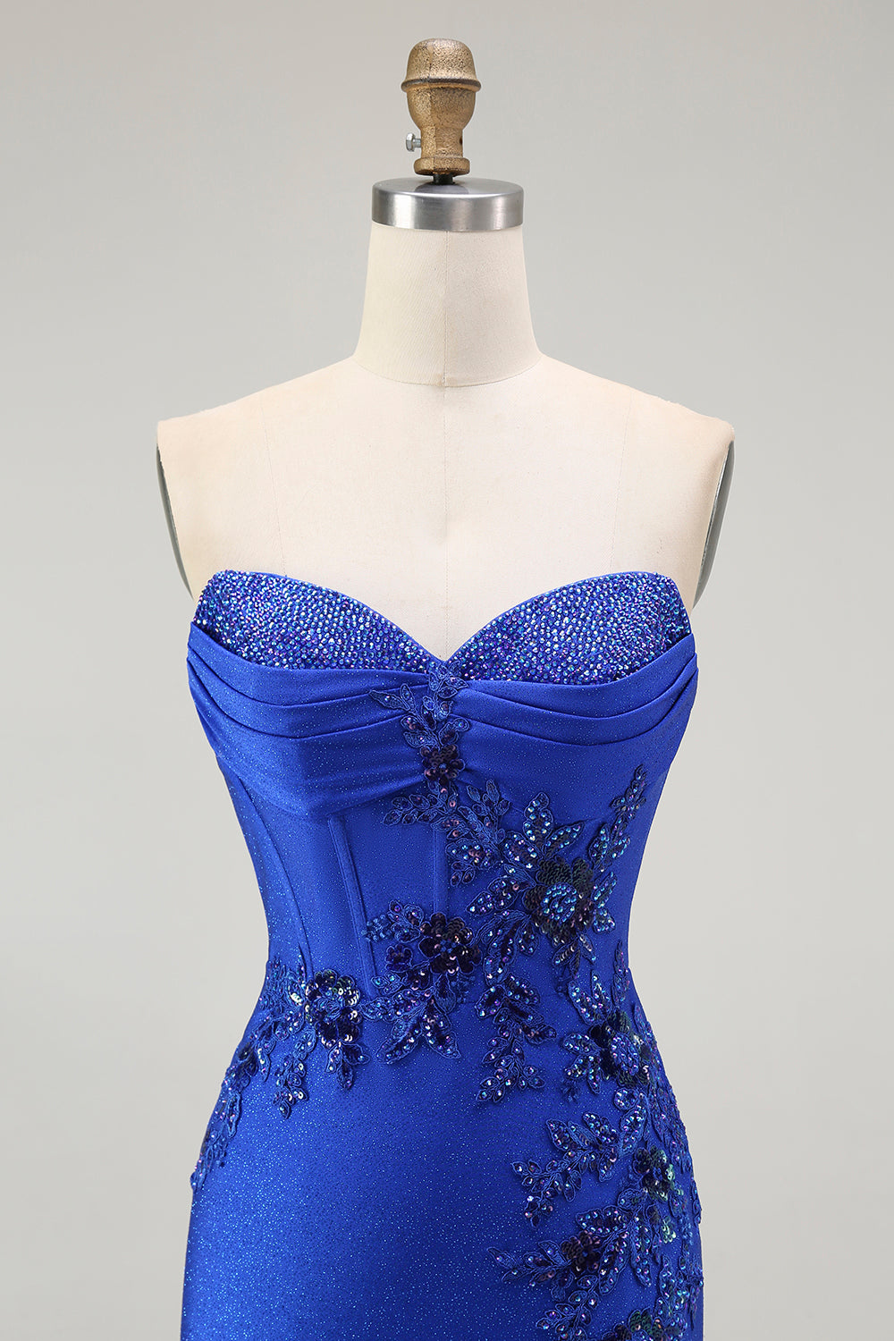Royal Blue Mermaid Strapless Lace Up Back Beaded Long Prom Dress with Slit
