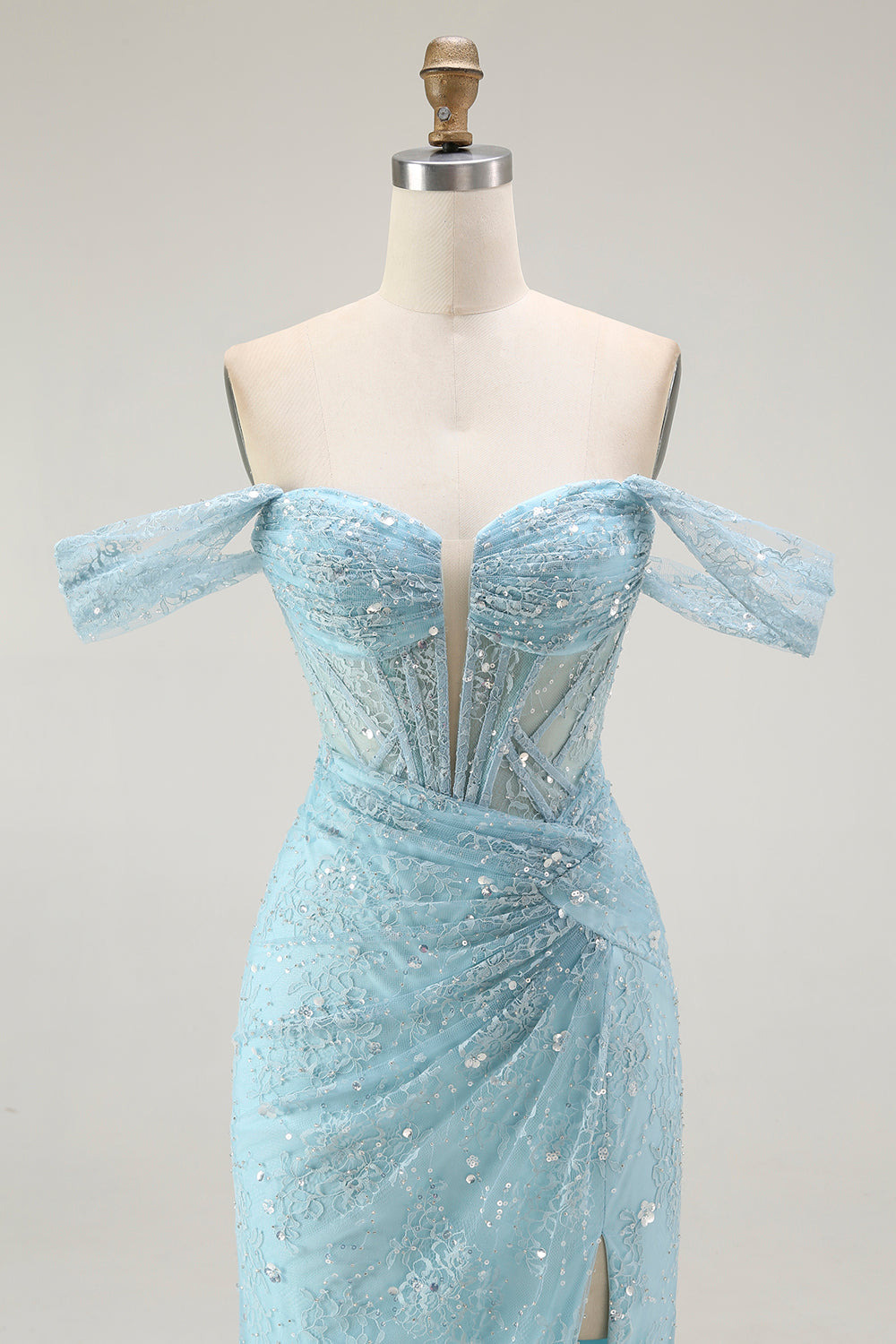 Blue Mermaid Off The Shoulder Beaded Long Prom Dress with Slit