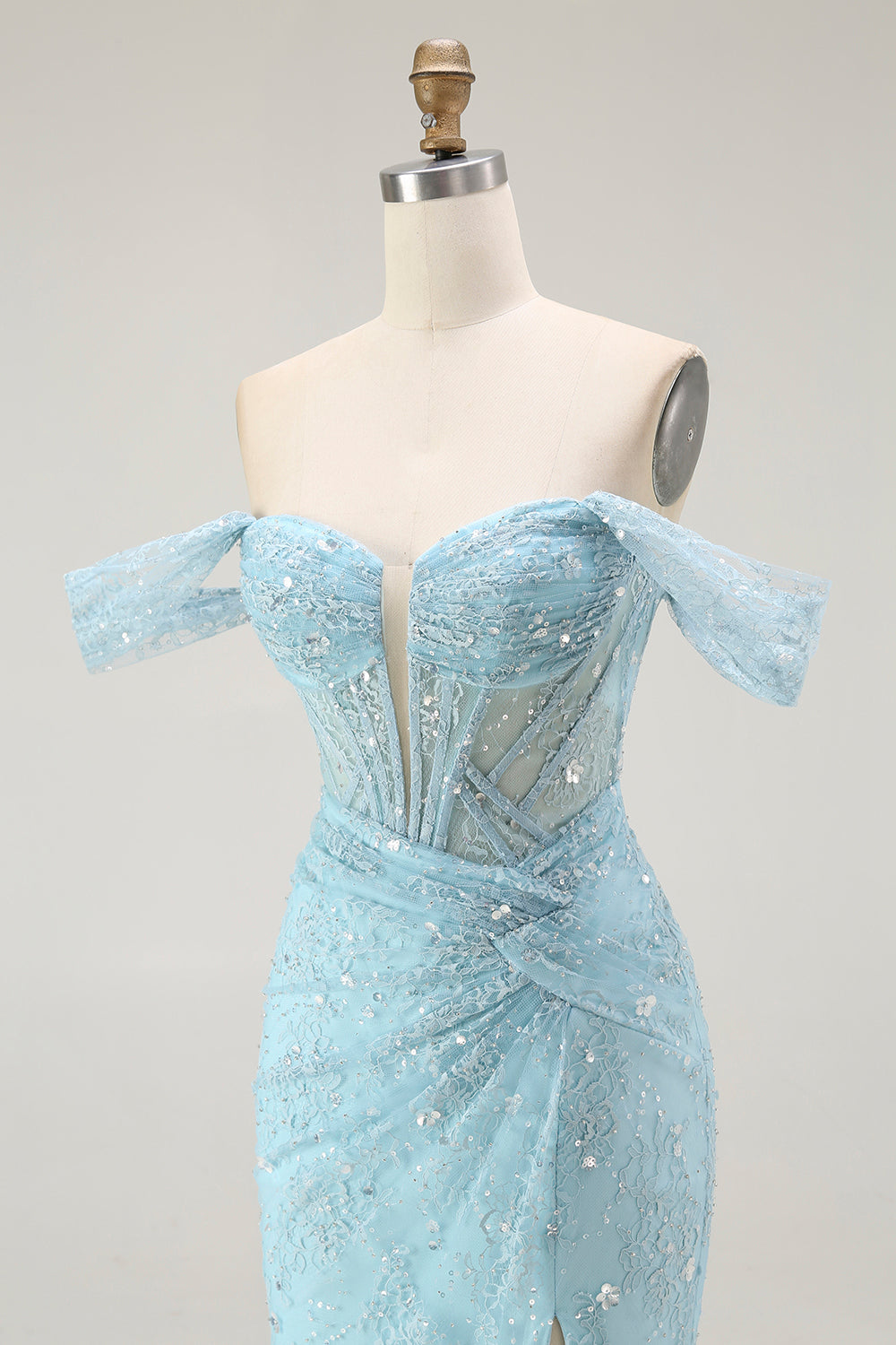 Blue Mermaid Off The Shoulder Beaded Long Prom Dress with Slit