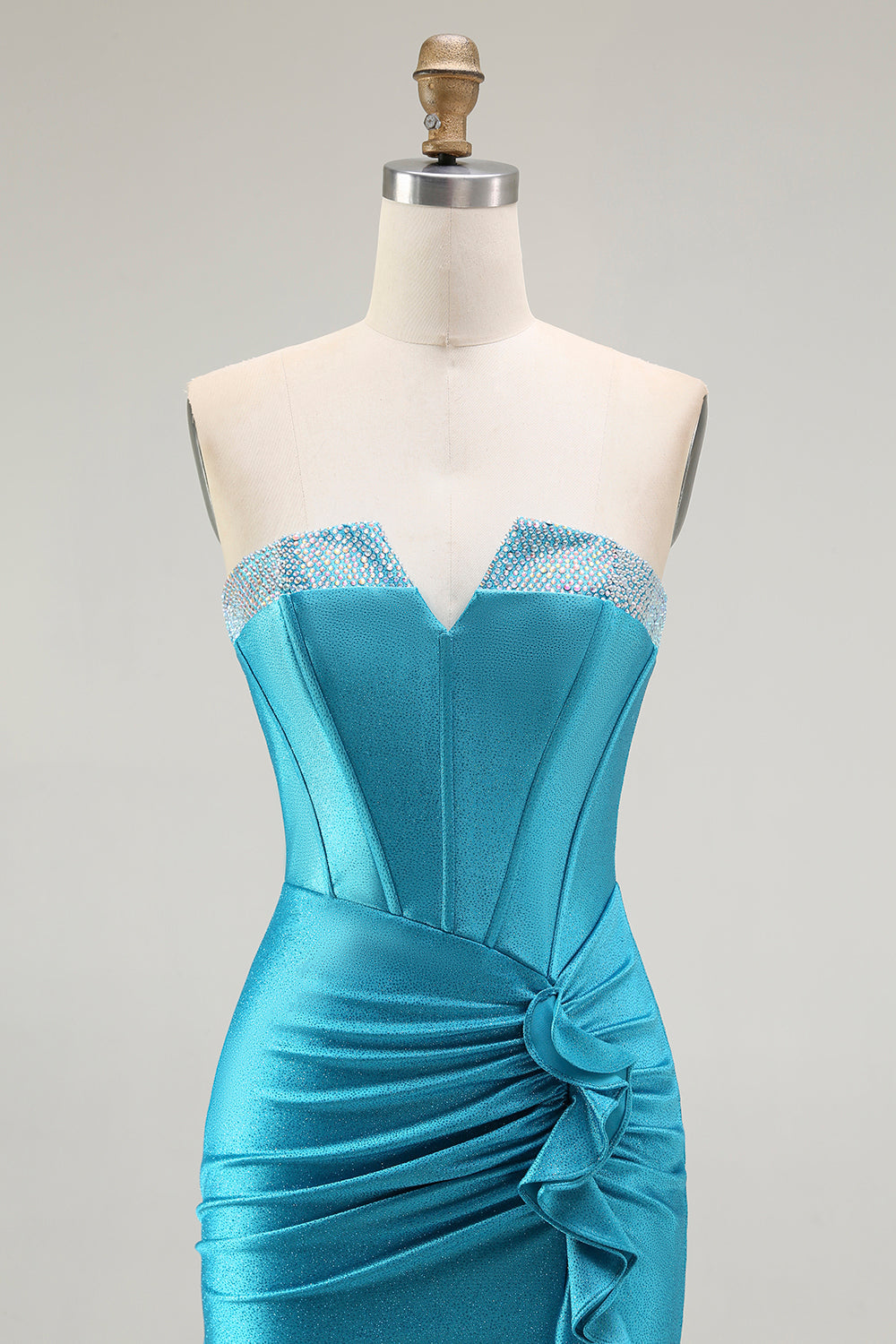 Mermaid Strapless Corset Beaded Blue Prom Dress with Ruffle Slit