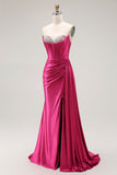 Sparkly Fuchsia Mermaid Sweetheart Beaded Pleated Long Prom Dress with Slit